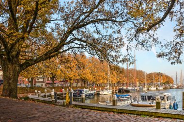 Enkhuizen, Hollanda, 26 Ekim 2015: büyük ağaçlarda sonbahar renkleri ile kaplı görünümünü Buitenhaven (dış liman)