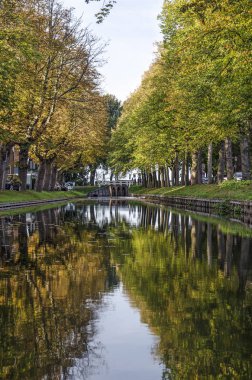 Edam, Hollanda, 7 Ekim 2018: Sonbahar renkleri relfecting Ekim ayında güzel bir günde sakin suda Ije kanalının her iki tarafta ağaçların hatları