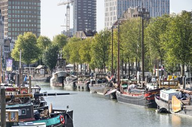 Rotterdam, Hollanda, 9 Ekim 2018: eski ağaçlı Haringvliet her iki tarafında tarihi mavnalar Havzası, arka planda şehir manzarası ile liman