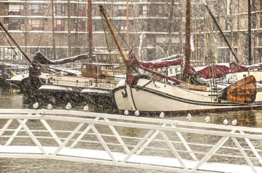 Rotterdam, Hollanda, 11 Aralık 2017: Grup martı Leuvehaven Müzesi Limanında tarihi mavna ve konut içinde belgili tanımlık geçmiş ile beyaz bir çelik köprü