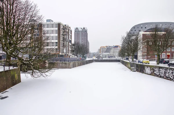 Rotterdam Maart 2018 Uitzicht Bevroren Met Sneeuw Bedekte Steigersgracht Kanaal — Stockfoto