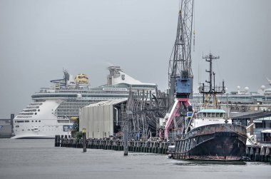 Rotterdam, Hollanda, 29 Ağustos 2018: Cruise Gemi kurtuluş denizlerin nerede 18. yüzyıl savaş gemisi De Delft bir kopyasını inşa wharf geçer