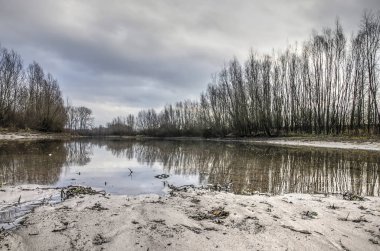 Dar kumlu bir plaj üzerinde bir Ossenwaard doğa rezerv Deventer, Hollanda yakınındaki new river kanal üzerinden görüntülemek