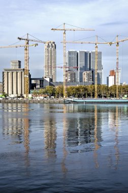 Rotterdam, Hollanda, 6 Kasım 2018: İnşaat vinçleri mahalle Katendrecht ve şehir manzarası üzerinde Maashaven liman sakin suda yansıtacak