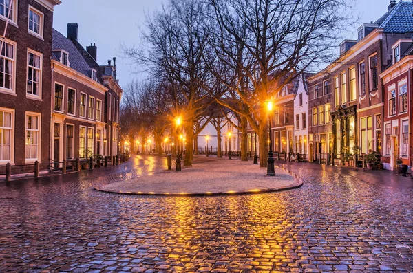 Leiden Netherlands January 2019 Light Fashioned Street Lanterns Reflects Cobblestone — Stock Photo, Image