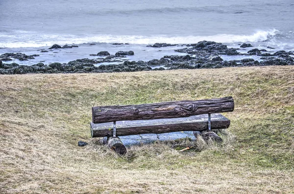 用放在草地上的树干做的小板凳 可以看到雷克雅未克郊区的岩石海滩和海洋 — 图库照片