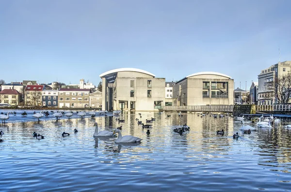 Reykjavik, Izlanda, 27 Şubat 2019: Belediye Binası, bitişik banliyö mahalle ve göl Tjornin altında dramatik bir gökyüzü altında şafak