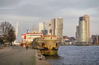 Rotterdam, Hollanda, 13 Şubat 2019: büyük gemi ile Erasmus Köprüsü ve arka planda Wilhelminapier highrise Park Quay adlı demirleyen