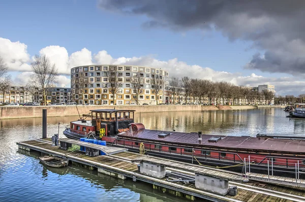 Rotterdam Hollandia Február 2019 Belvízi Uszály Horgonyzó Binnenhaven Harbour 1980 — Stock Fotó