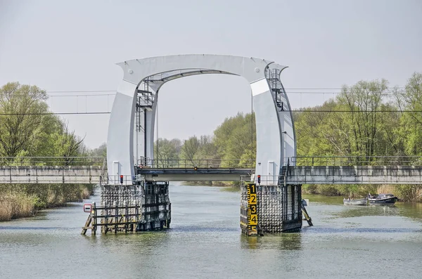 荷兰多尔勒赫特 2019 沿着万蒂伊河景观 河岸上有森林和芦荟 一座钢和混凝土铁路桥穿过它 — 图库照片