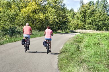 Culemborg, Hollanda, 1 Eylül 2018: Orta yaşlı çift çayırve ormanlık bir manzara içinde kavisli bir asfalt yolda bisiklet