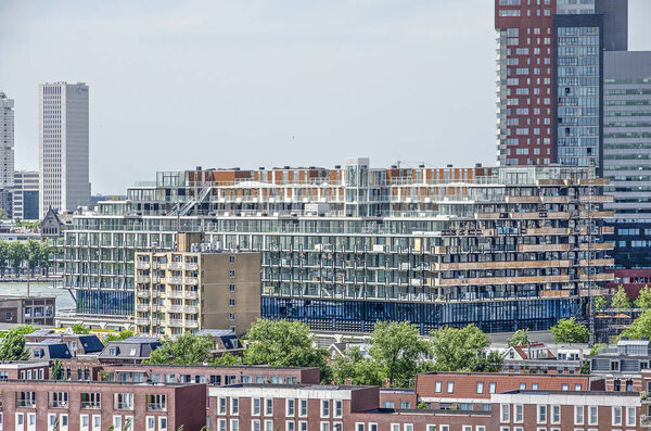 Rotterdam, The Netherlands, June 2, 2019: aerial view of the massive Fenixlofts residential block constructed on top of a historic warehouse