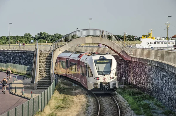 Harlingen Holanda Julho 2019 Trem Local Uma Trilha Longo Muro — Fotografia de Stock