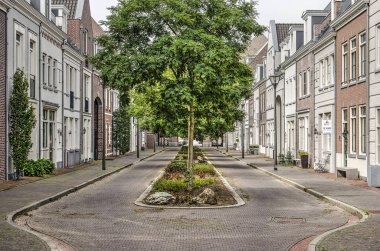 Helmond, Hollanda, 16 Ağustos 2019: sokak neaclassicist tarzında evler ile kaplı, middel ağaçların bir satır ile, postmodern mahalle Brandevoort