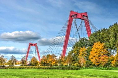 Rotterdam, Hollanda, 23 Ekim 2015: Willems köprüsünün kırmızı direkleri, Noordereiland'daki greenpark ile mavi gökyüzüne karşı ön planda