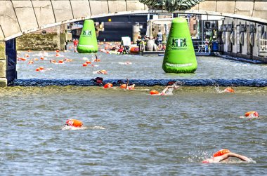 Rotterdam, Hollanda, 1 Temmuz 2019 Wijnhaven Limanı 'ndaki bir köprünün altında yüzen düzinelerce insan
