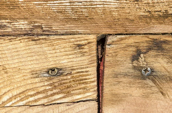 Nahaufnahme Von Drei Holzbohlen Leicht Verwittert Unregelmäßig Mit Kleinen Schrauben — Stockfoto