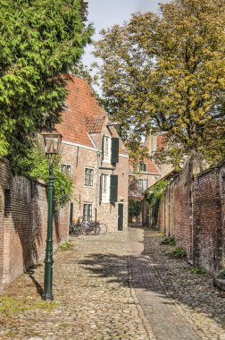 Middelburg, Hollanda, 9 Ekim 2019: Eski kasabadaki tuğla duvarlar arasında dar kaldırımlı cadde, tarihi toprak ve ağaçların sonbahar renkleriyle