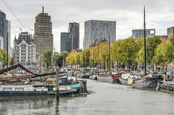 Rotterdam Oktober 2019 Historische Binnenschepen Haringvliethaven Omzoomd Met Lindebomen Met — Stockfoto