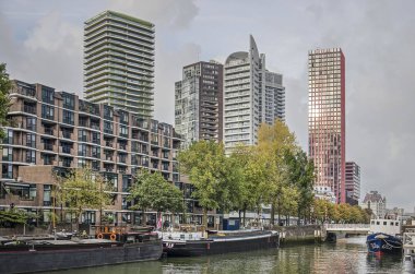 Rotterdam, Hollanda, 20 Ekim 2019: Scheepmakershaven limanı boyunca iç mavnalar, sonbahar renklerinde ağaçlar ve savaş sonrası çeşitli yerleşim yerlerinden binalar.