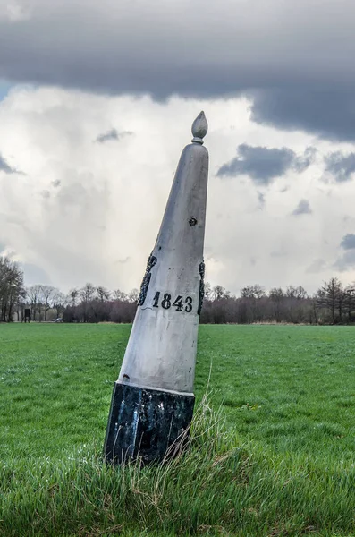 Dramatic Sky Boundery Marker Inscription 1843 Meadow Otherwise Hardly Noticable — 스톡 사진