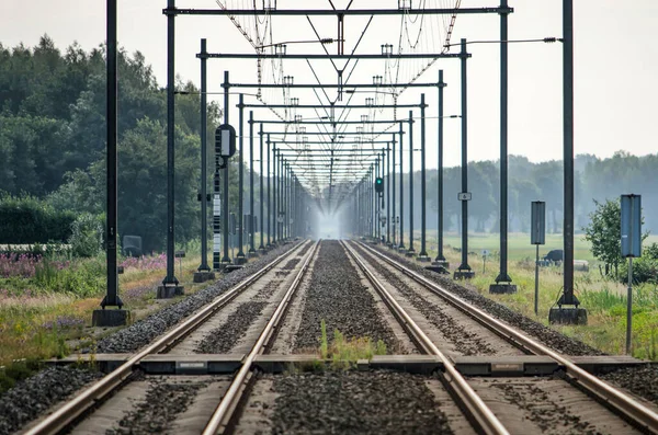 Long Straight Railway Line Zwolle Meppel Netherlands Converging Lines Disappearing — Stock Photo, Image