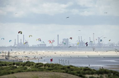 Lahey, Hollanda, 29 Ağustos 2020: Kumlu sahil boyunca sahil, kum tepeleri ve uçurtmacılar ile Maasvlakte sanayi bölgesine doğru uzun mesafe görüntüsü