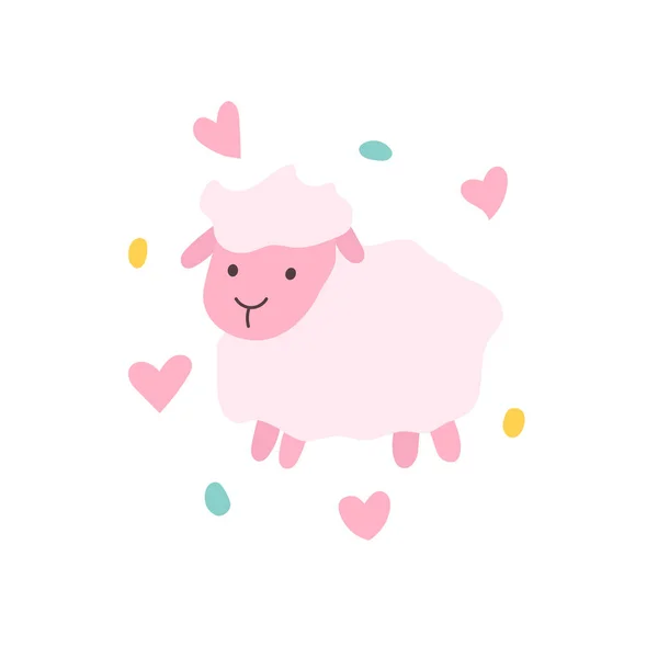 Vector Illustration Cute Pink Cartoon Sheep Hearts Dots — Stock Vector