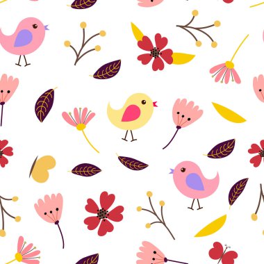 Vektör sorunsuz çiçek deseni kelebekler ve kuşlar ile