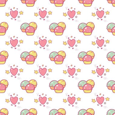 Dikişsiz desen çizgi film çok renkli çörekler ve kalpler