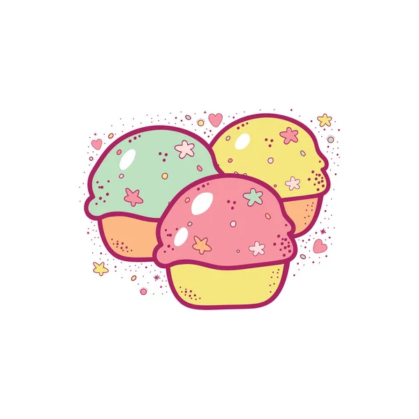 Vektorillustration Tecknad Multicolor Cupcakes Och Partiklar — Stock vektor