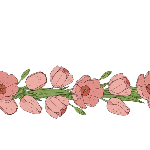 Tulip Naadloze Patroonpenseel Floral Grens Vector Bloem Lijnrand — Stockvector