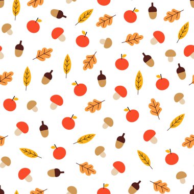 Vektör seamless modeli mantar, meşe palamutları, elma ve yaprakları