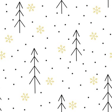 Vektör çam ağaçları ve altın kar taneleri ile seamless modeli. İskandinav seamless modeli.