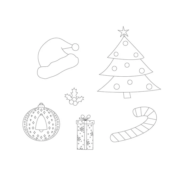 Vektor Set Mit Umriss Weihnachtsbaum Weihnachtskugel Süßigkeiten Geschenkschachtel Weihnachtsmütze Und — Stockvektor
