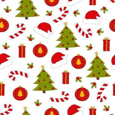 Vektör renkli Noel seamless modeli. Noel ağacı, Noel top, şeker, hediye kutusu, Santa şapka ve Noel holly berry ile Seamless modeli. 