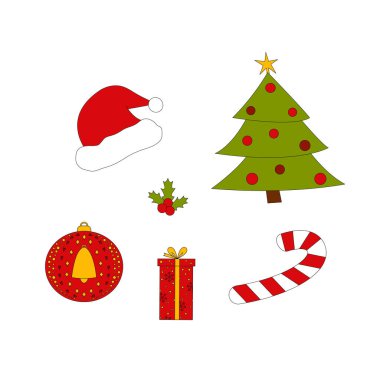 Renkli Noel ağacı, Noel top, şeker, hediye kutusu, Santa şapka ve Noel holly berry vektör kümesi. 