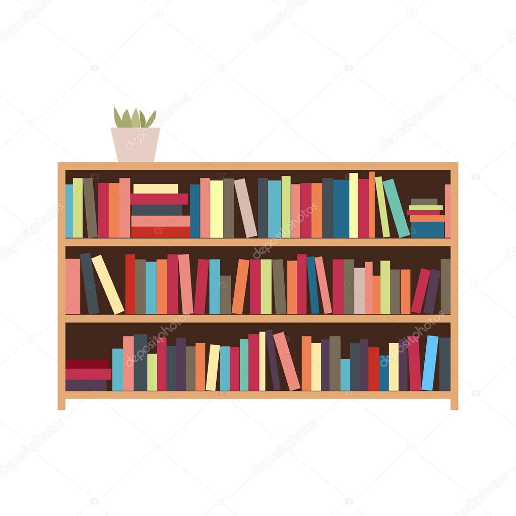 Vector illustration of bookshelf. Shelf with books and potted plant.