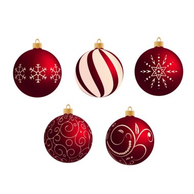 Kırmızı dekoratif Noel topları kümesi. İzole gerçekçi süslemeleri.  