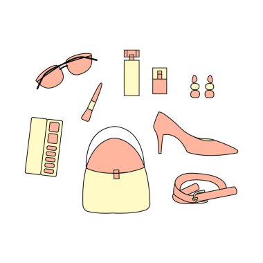 Vektör kadın aksesuarları ayarlayın. Çanta, Ayakkabı, kemer, küpe, makyaj ürünleri, parfüm şişeleri ve güneş gözlüğü ile ayarla.