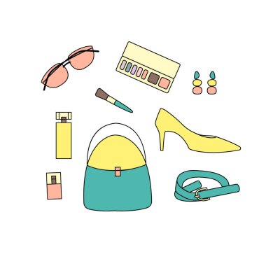 Vektör kadın aksesuarları ayarlayın. Çanta, Ayakkabı, kemer, küpe, makyaj ürünleri, parfüm şişeleri ve güneş gözlüğü ile ayarla.