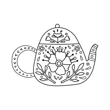 Vektör anahat çaydanlık çiçek ve yaprak desenli. 