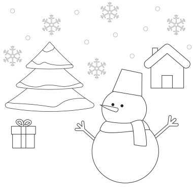 Noel ağacı, kardan adam, hediye kutusu ve ev vektör anahat sahne, 