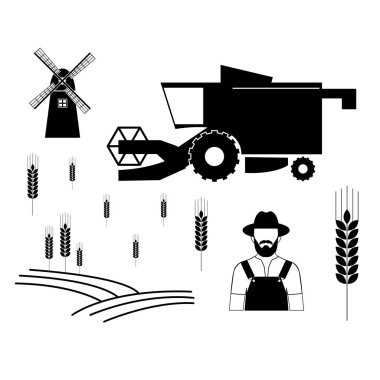 Vektör tarım simgeleri ayarlayın. Rüzgar değirmeni vektör, birleştirmek hasat, buğday, buğday alan, çiftçi.