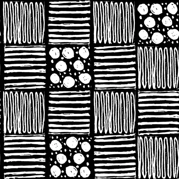 Vektor Schwarz Weiß Nahtloses Muster Handgezeichneter Quadrate Die Punkte Kritzeleien — Stockvektor