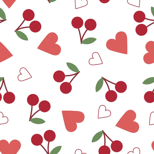 Vector Illustration Seamless Pattern Cherry Hearts — Stock Vector