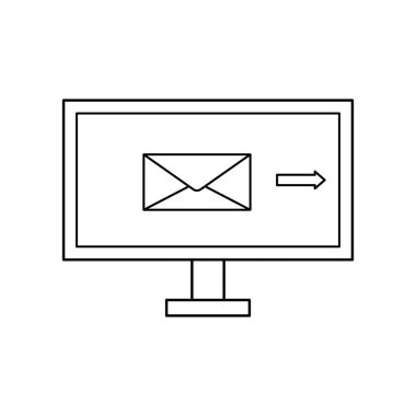 E-posta göndererek görüntüleyen vektör anahat bilgisayar ekranı. Bilgisayar monitör simgesini. Bilgisayar ekranında e-mektup ile.