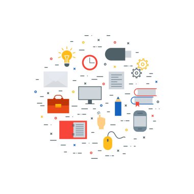 Bilgisayar, kitap, kalem, kağıt, el, bilgisayar faresi, cep telefonu, dişli,'ı tıklatarak açık defter gibi vektör simgeleri flash sürücü, saat, zarf, ampul, evrak çantası.