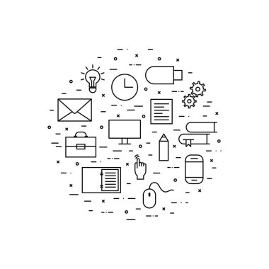 Bilgisayar, kitap, kalem, kağıt, el, bilgisayar faresi, cep telefonu, dişli,'ı tıklatarak açık defter gibi vektör anahat simgeleri flash sürücü, saat, zarf, ampul, evrak çantası.