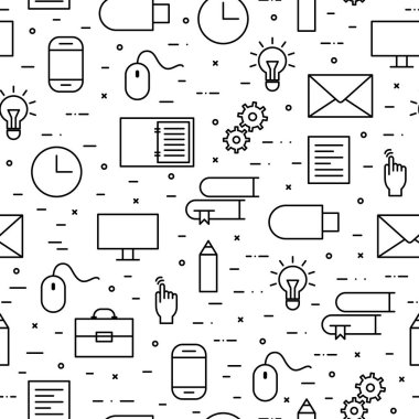 Vektör semless desen anahat bilgisayar, kitap, kalem, kağıt, açık defter, tıklayarak el, bilgisayar faresi, cep telefonu, dişli, flash sürücü, saat, zarf, ampul, evrak çantası'nı levha ile. 